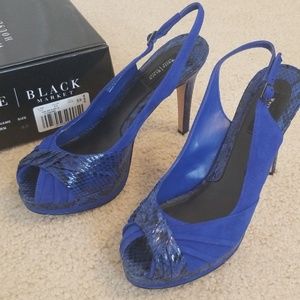 WHBM blue suede peeptoe with snakeskin heel